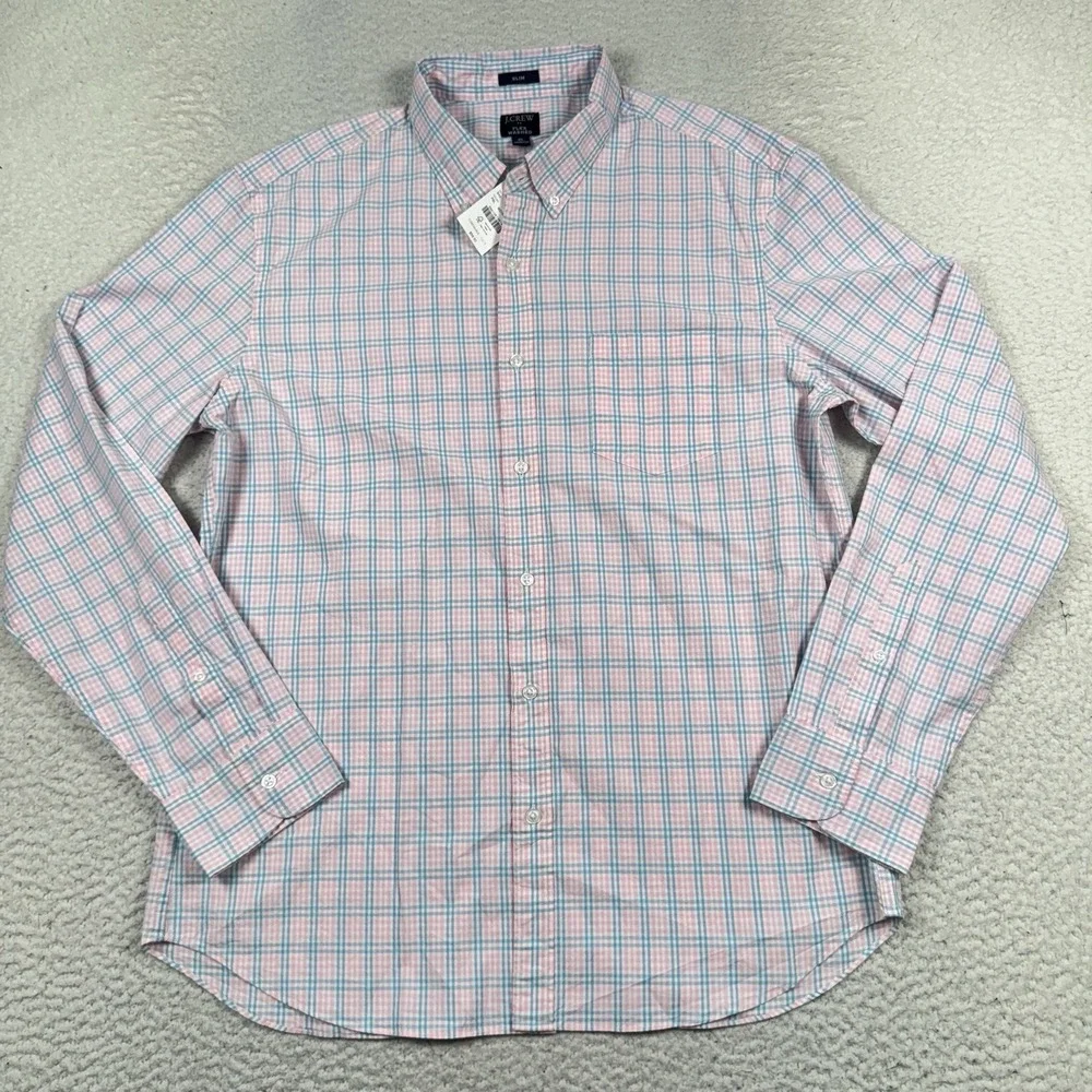 J Crew Shirt Men XL Slim Flex Washed‎ Button Front Pink Blue Plaid Stretch NWT